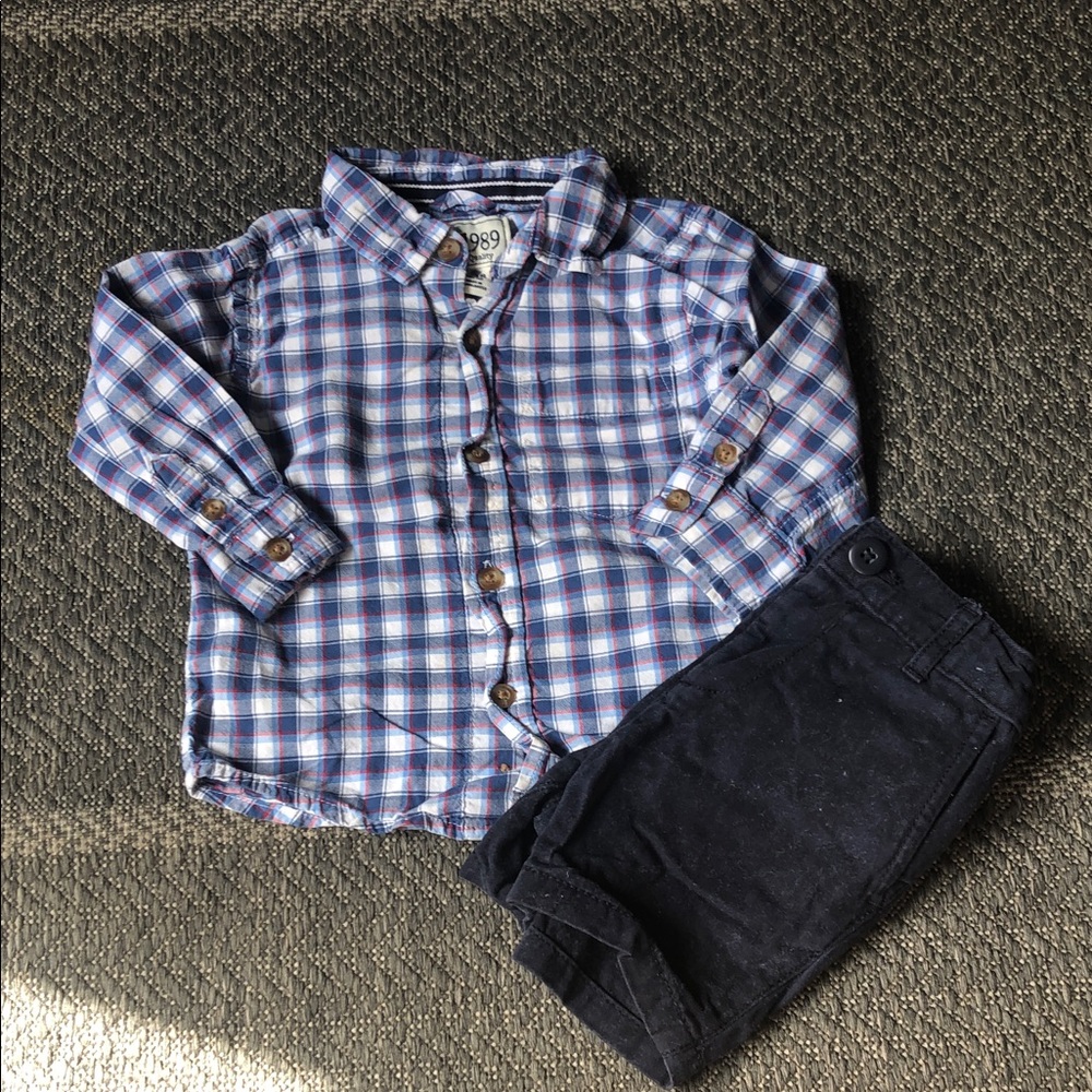 The Children's Place Blue and White Plaid Button-Down Shirt and navy shorts